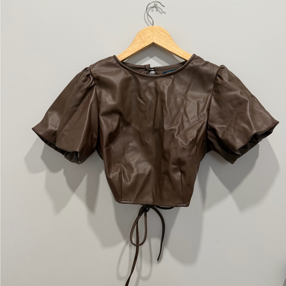 Elegant Brown Faux Leather Puff Sleeve Crop Top
